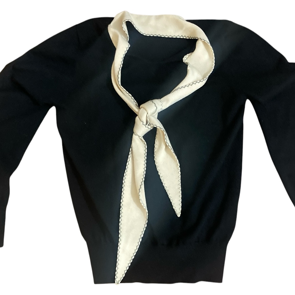 Vtg Black Sweater With Attached Cream Scarf- So Chic! Size S
